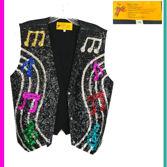 JC Vintage Sequin Black Music Note Beaded Black Unisex Vest Sz M - Picture 1 of 16